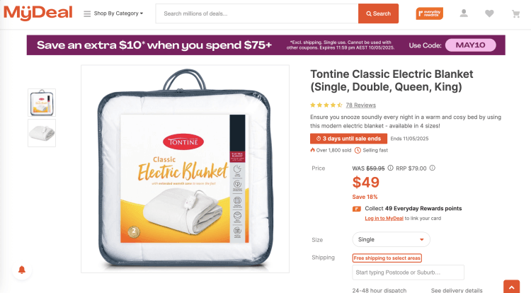 MyDeal: Tontine Classic Electric Blanket (Single) – $49